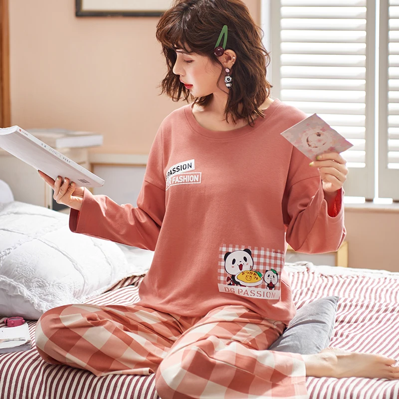 Женская пижама милый топ с пандой + клетчатые брюки 2 шт./компл. повседневный