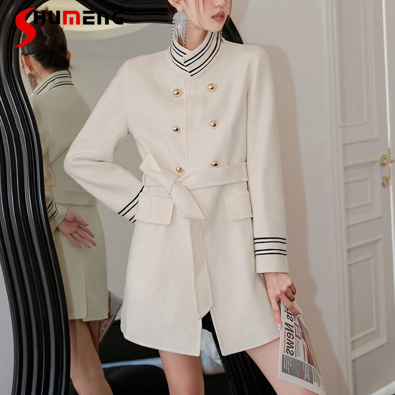 

2021 Autumn and Winter Ladies New Contrast Color Beaded Striped Woolen Coat Women's Fashion Office Lady Mid-Length Suit Jacket