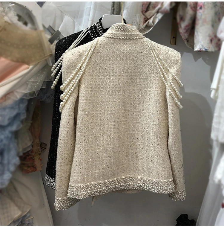 Модное женское твидовое пальто с жемчугом и бисером весна осень