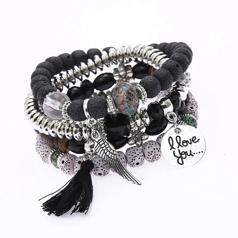 

Bohemian/Middle Black & Silver Angel Wing Stackable Bracelets for Women Ladies Girls Tassel Stretch Bangles - Bead Stacked Charm