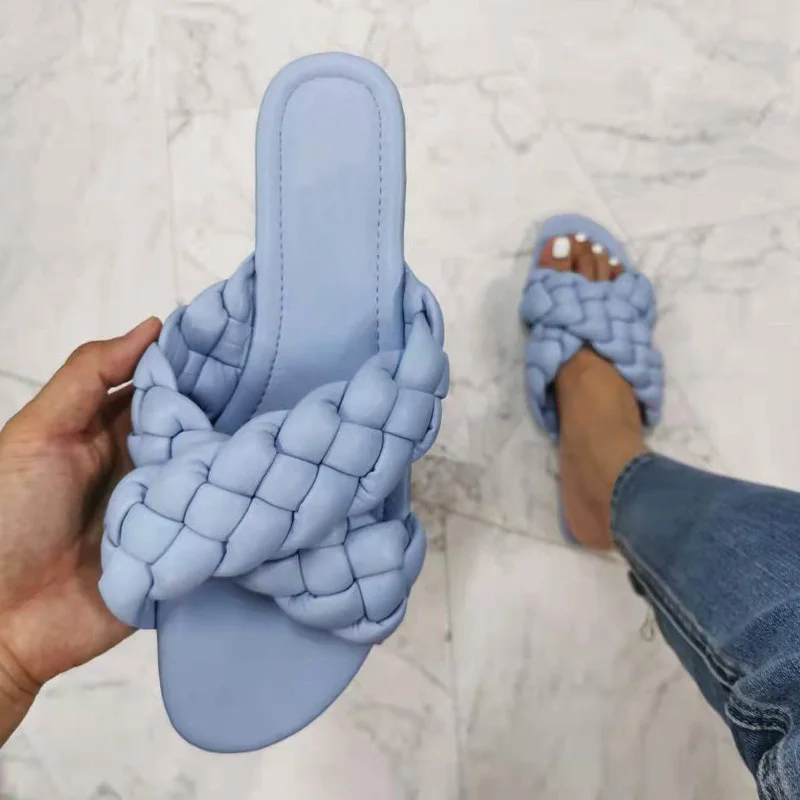 

Fashion Women's Slippers Shoes Woven Style Outside Woman Beach Shoes Summer Slides Shoes Large Size Candy Color Female Slipper