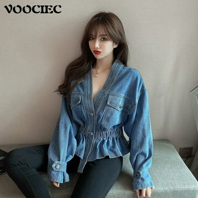 

VOOCIEC Korean Woman Fashion Denim Jacket Harajuku Girls V-neck Nightclub Sexy Style Goddess Waist Puff Sleeves Denim Jacket