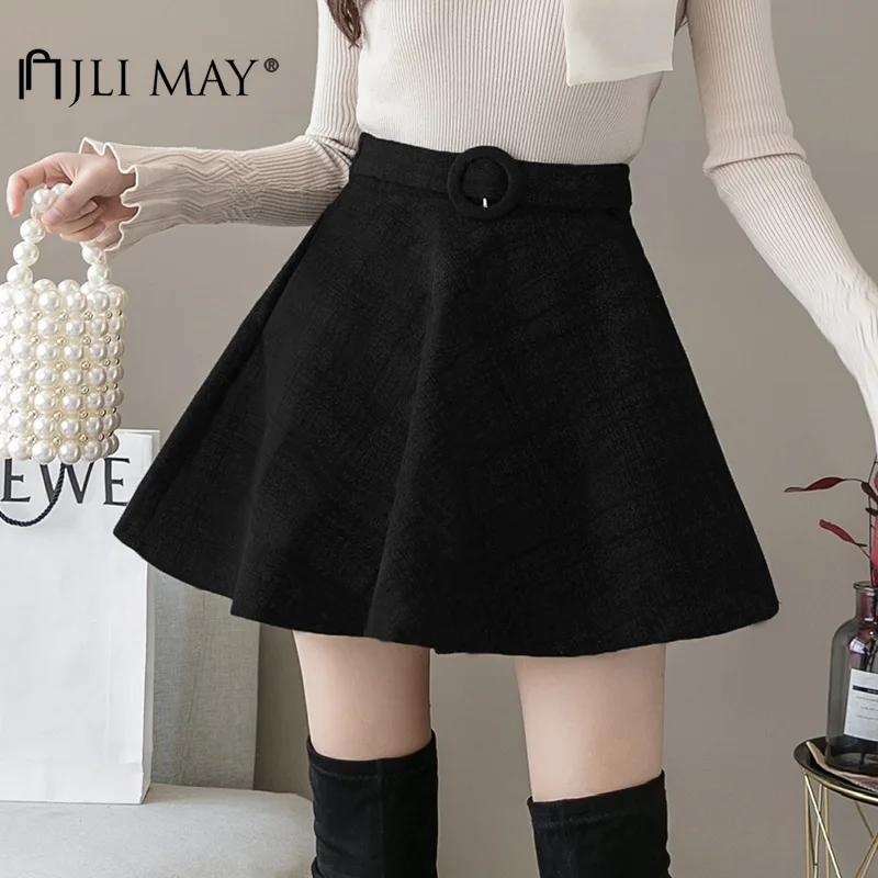 

JLI MAY Girls Plaid Skirt Black Solid Casual Chic Japan Korean Style A-Line Sashes Mini Woman Skirts Fall Winter