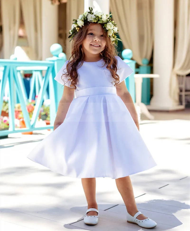 

Princess White Birthday Party Gown Satin Ribbon Knee Length Flower Girl Dress Kid Cloth Photography