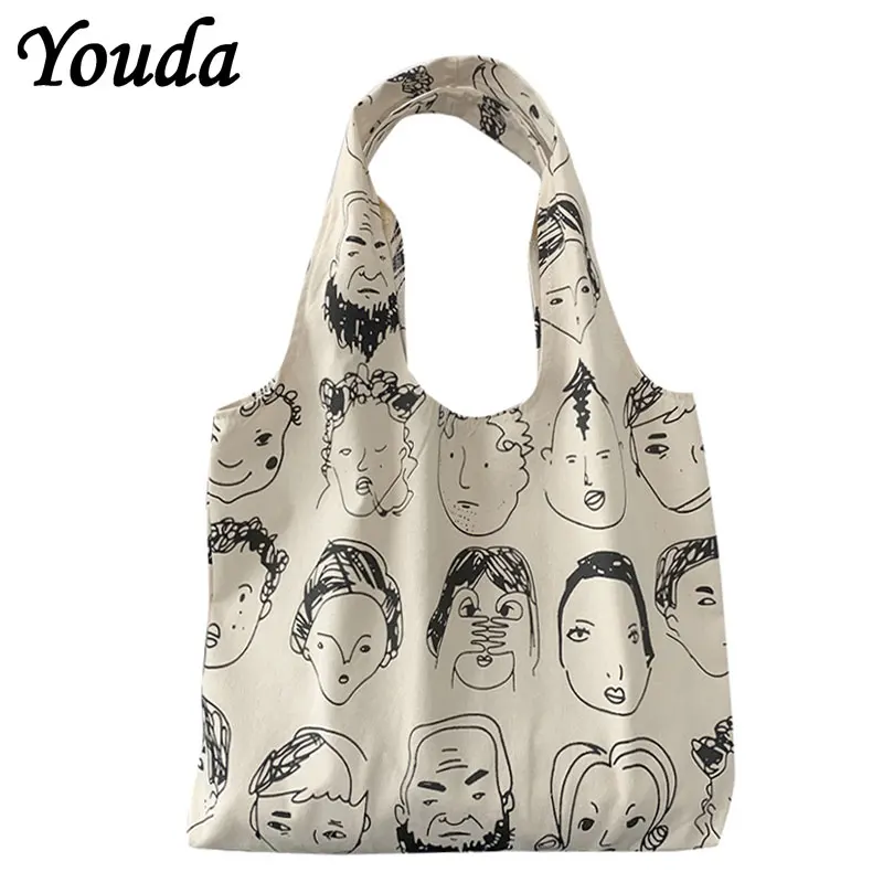 

Youda Women Shoulder Tote Bag Canvas Vest Cartoon Print Handbags Large Capacity Soft Shopping Bags Girls Personality Schoolbag