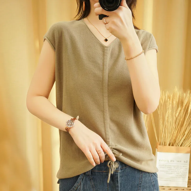 

2020 New Summer 100% Cotton Linen Knitted Short-Sleeved Woman V-Neck Lace-up Pullover Solid Color Shirt Short Sleeve
