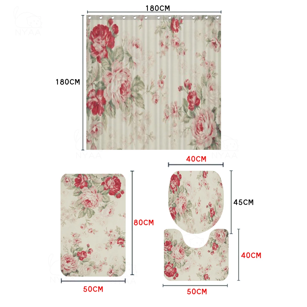 

NYAA Chinese Rose 4 Pcs/Set Shower Curtain Bath Rug Set Toilet Cover Bath Mat Set Bathroom Accessories Curtains With Hooks