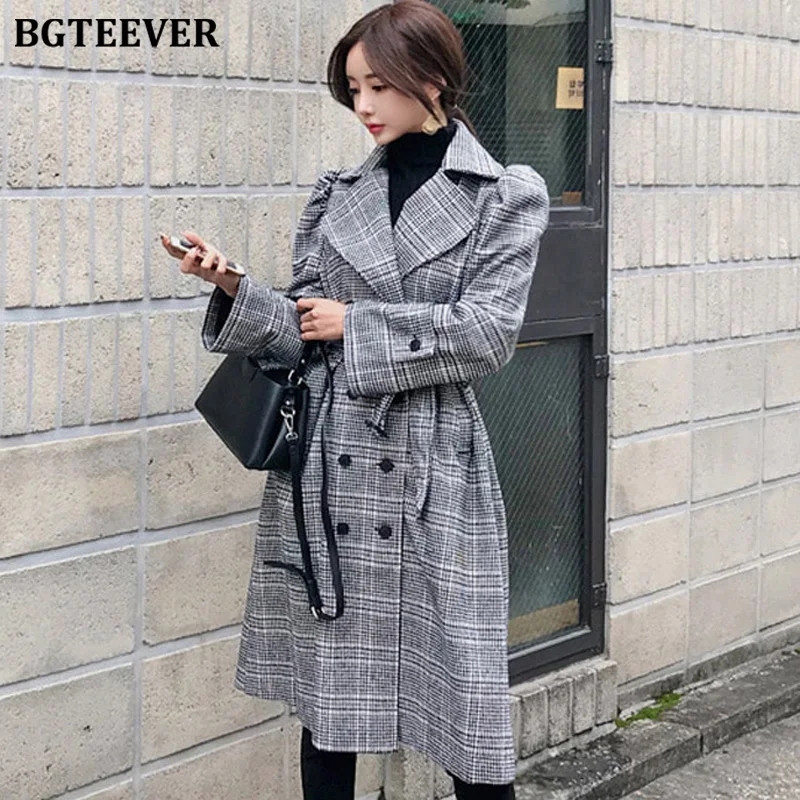 BGTEEVER одежда для офиса клетчатые женские длинные пальто зимние теплые шерстяные с