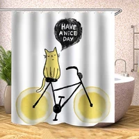 cartoon cute cat sitting on a lemon bike lovely funny white yellow fabric shower curtain print decor bathroom curtains hooks set