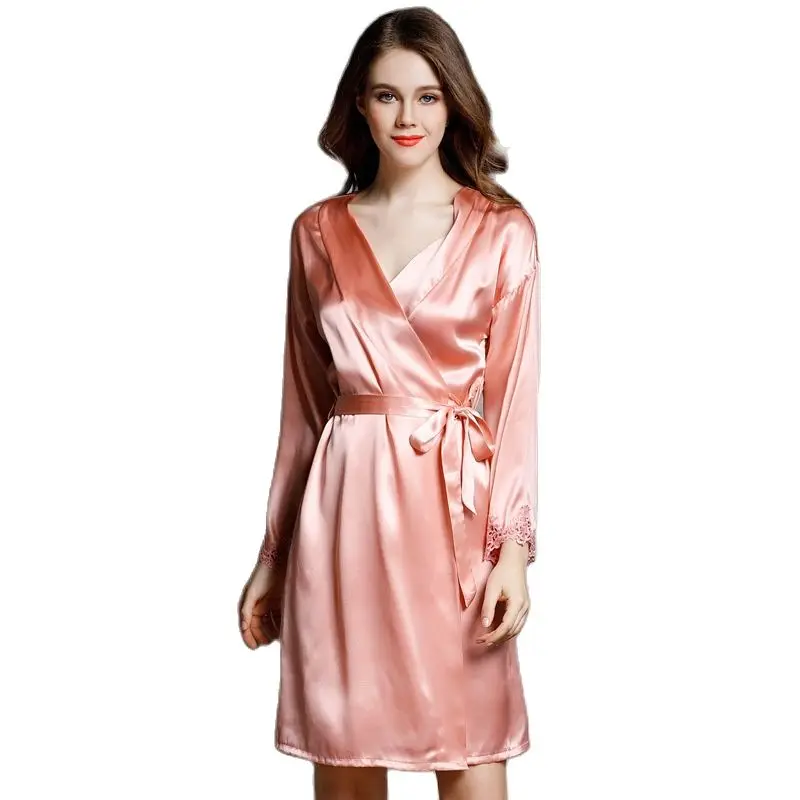 

Sexy Women Silk Robe Summer Simple Nightdress 100% Natural Silk Long Sleeve Bathrobes Top Quality Sleepwear Lounge P9936