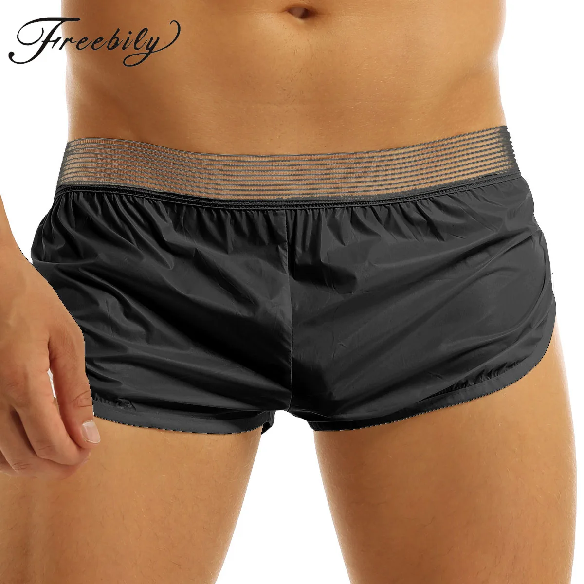 

Mens Wet Look Boxer Shorts Sexy PVC Swimwear Waterproof Trunk Lounge Swimwear Sports Short