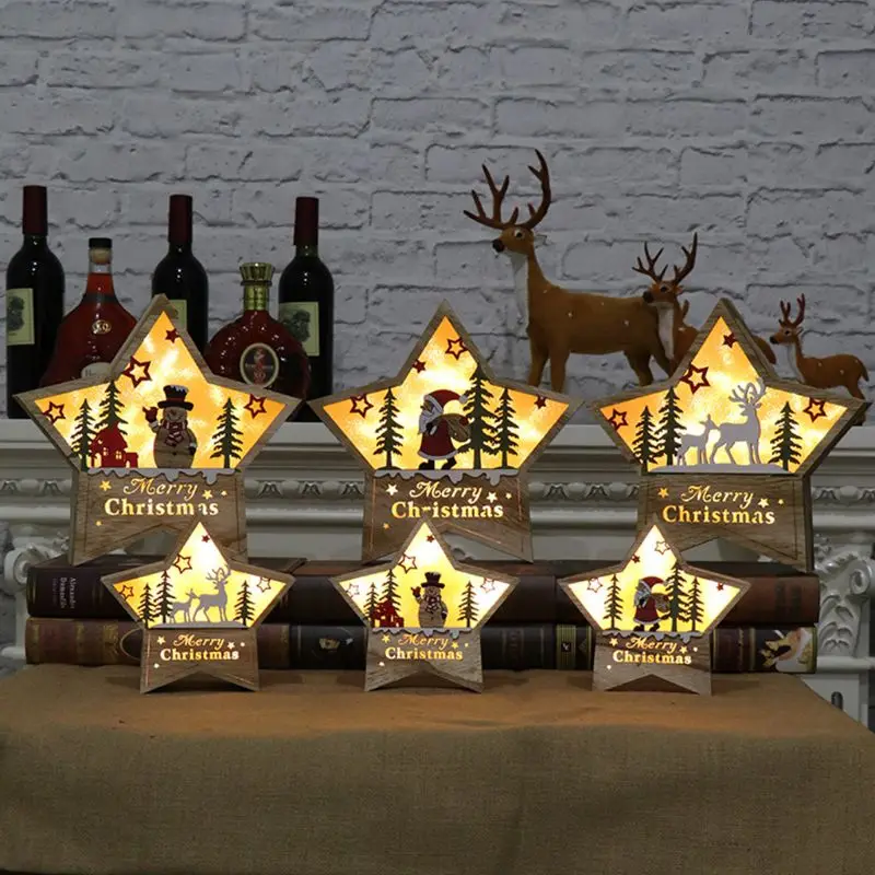 Lighting Christmas Wooden Ornament LED Stars Shape Santa Claus Deer Decor Lamp Xmas Gift