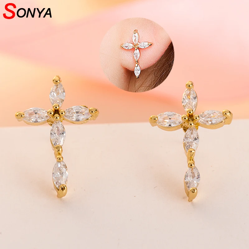 Женские серьги гвоздики с фианитами золотистого/серебристого