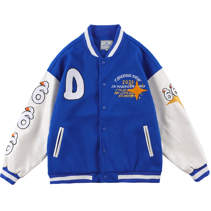 

Unisex Retro PU Leather Patchwork Bomber Jackets Oversized Duck Embroidery Couple Streetwear Men Varsity Baseball Jackets Tops