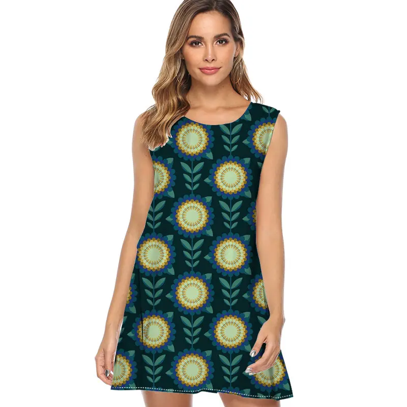 

2019 Dress for Women Flower seamless Print Casual Chiffon Dress Sleeveless O neck Cute Summer Dress mini fashion Beach Dress