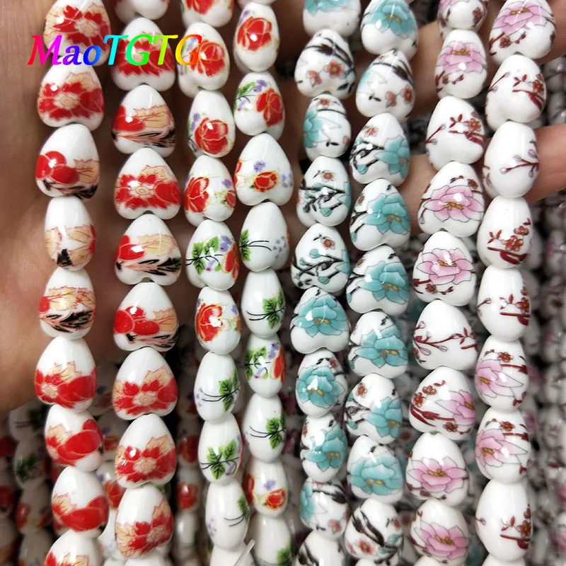 

20pcs/lot Handmade Decal Ceramic Beads For Jewelry Making DIY Crafts 8X12mm Love Shape Porcelain Ceramic Beads Accessories