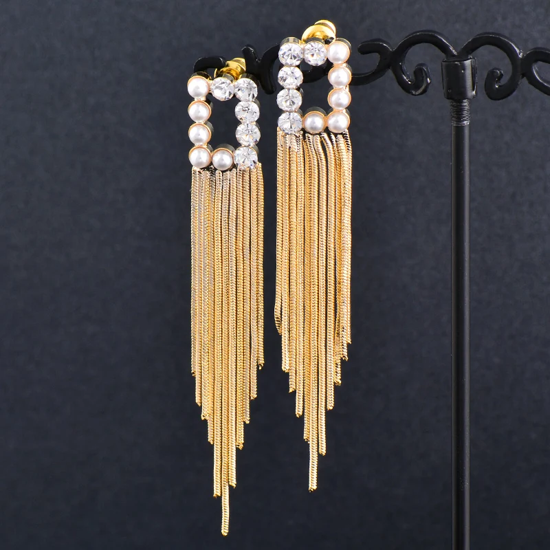 

KIOOZOL 2021 New Arrival Long Tassel Earrings Pendant With Pearl CZ Drop Earrings For Women Wedding Party Jewelry Gift 164 KO2
