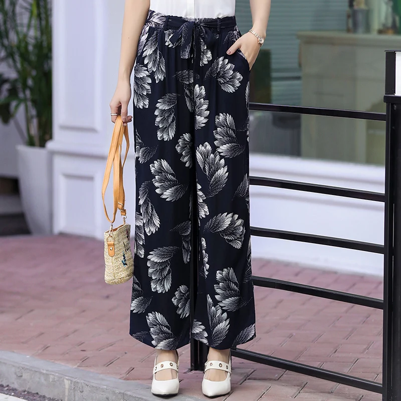 

Woman's Plus Size Print Casual Wide Leg Pants Loose High Waist Trousers for Female Ankle Length Thin Ladies Pants with Sashes