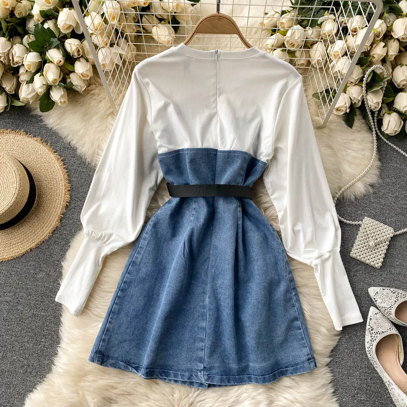 

Retro Women Patchwork Lantern Sleeve Short Denim Dress Chic Belted Waist Double Breasted Mini Jeans Dress TN1732