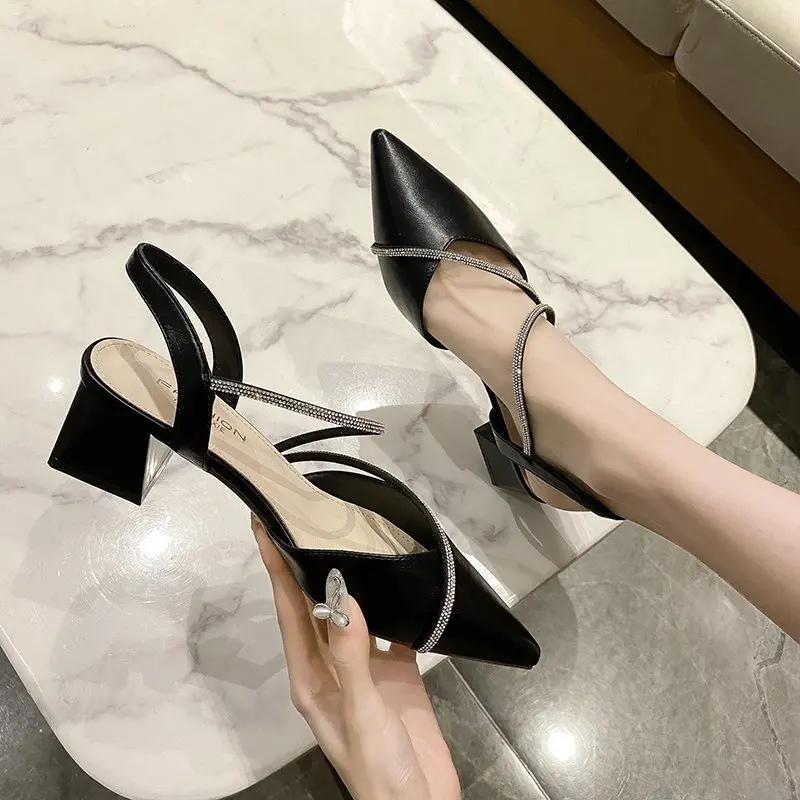 

Spring Summer Women Thick Heel Pointed Toe Shoes Female Mid-heel Ankle Strap Leather Platform Shoes Ladies Fashion Party Sandals