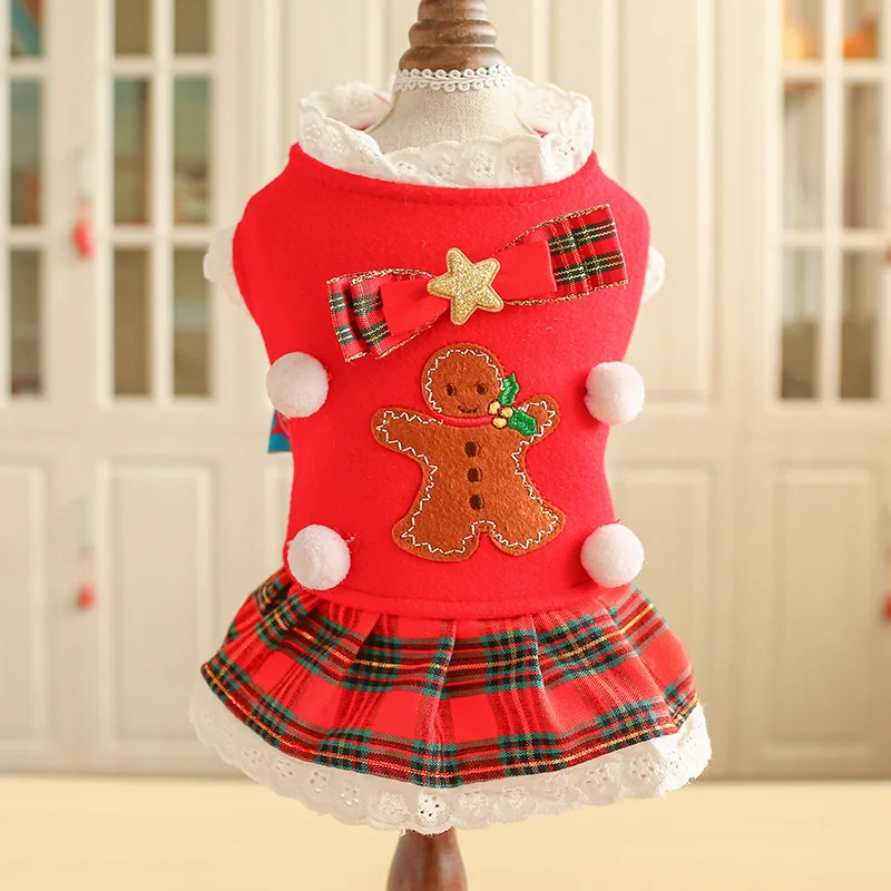 

Pet Clothes Teddy Bichon Pomeranian Small Dog Puppies Dress Dog Cute Gingerbread Man Plaid Skirt