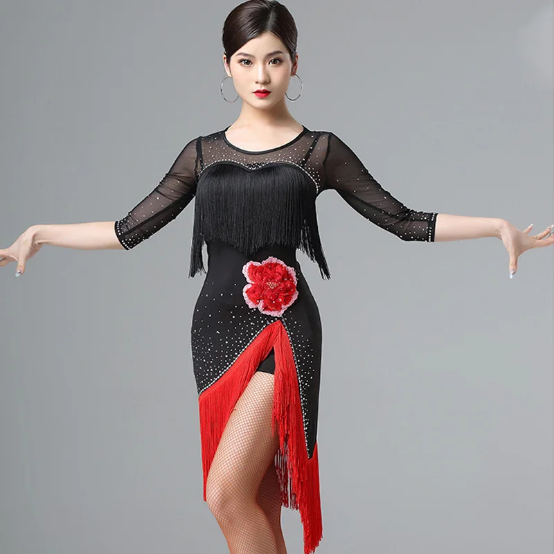 Classical Embroidery Latin Dance Dress Female Competition Clothes Sexy Mesh Rhinestone Tassel Samba Performance DL4955 | Тематическая