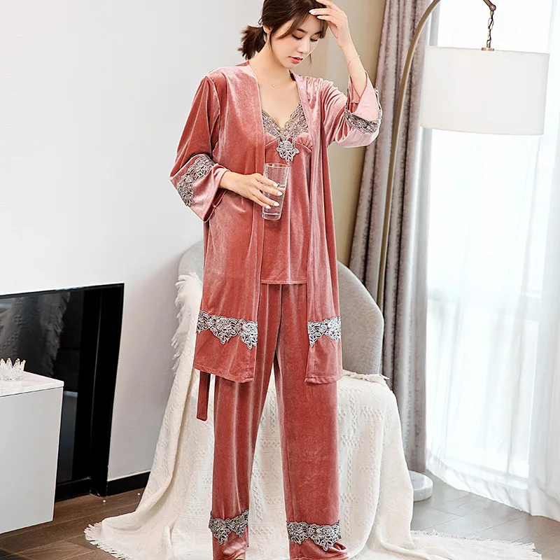 

Women Sexy Lace Bathrobe Sling Pants Velvet 3 Pieces Pajamas Sets Sleepwear Winter Autumn Pyjama With Chest Pad