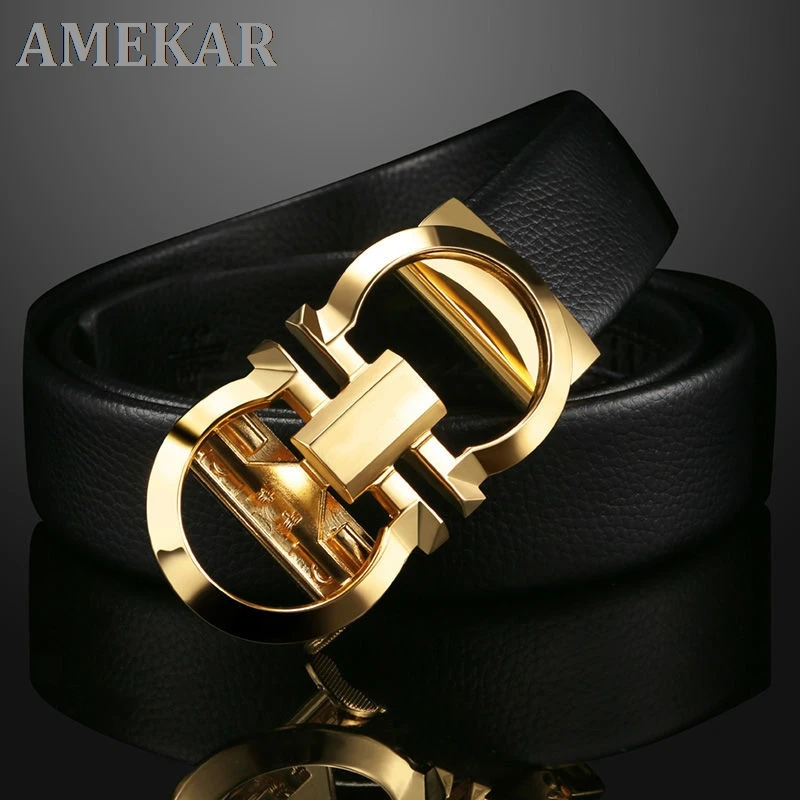 

Men's Genuine leather Belt Men Cowskin Strap Top Quality Belts For Male Alloy Automatic Buckle Fashion Waist Belt Gold Belt