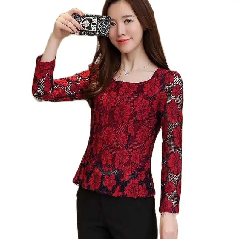 

Женский кружевной топ с длинным рукавом, круглым вырезом и цветочным принтом