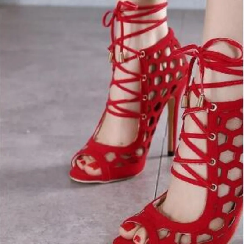 

New Fish Mouth Summer Shoes For Women Lace Up Ladies High Heels Narrow Band Fashion Thin Heels Women's Sandals Big Size 43