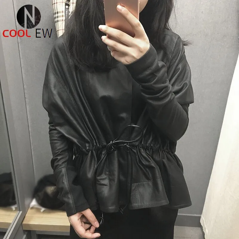

New Women Black Genuine Leather Jackets Lambskin Leather Coats Jacket Drawstring Bat Sleeve Spliced Knitted Slim Short Outerwear