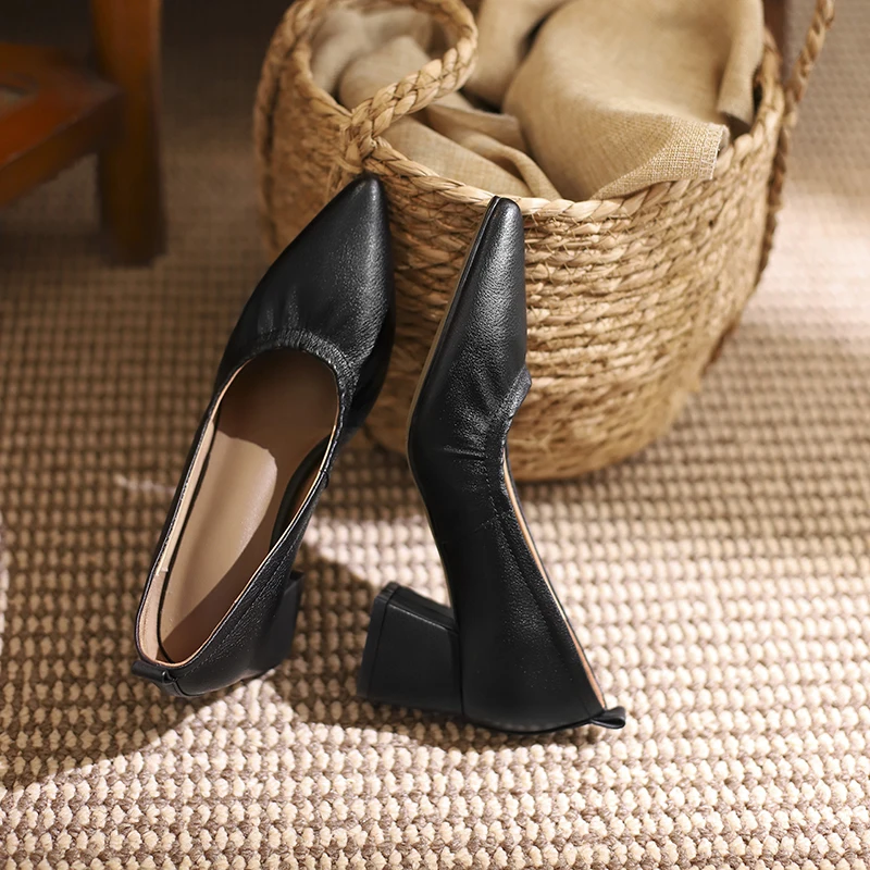 

100% Genuine Leather Sexy High Heel Pumps Office Ladie Pointed Toe Shoes Women Square Heel Party Women Shoes Women Heels