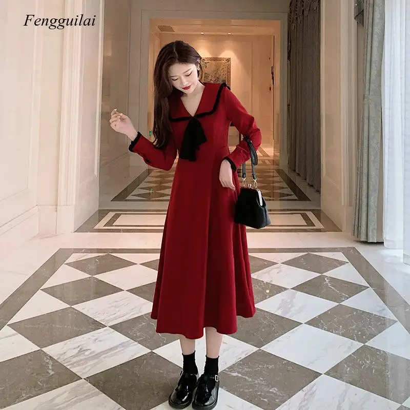 

Spring Red French Retro Waisted Mid Length Slim Fit with Underlay Dress for Girl