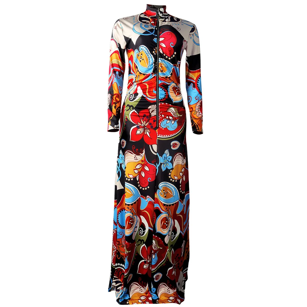 

High-Necked Long Skirt Polyester Geometric Printing Irregular Hem Slim Long-Sleeved Long Skirt For Party Or Daily Outfit Woman