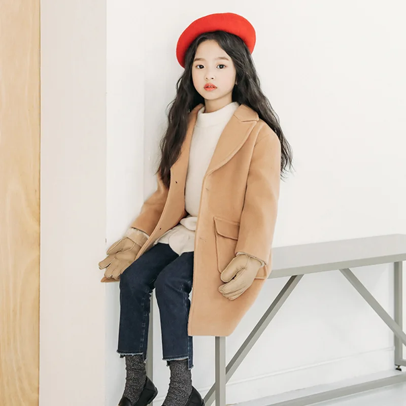 Осень зима 2019 детское шерстяное теплое пальто для девочек Модное длинные куртки 6
