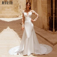 jeheth lace appliqued mermaid boho wedding dress for women 2022 illusion long sleeve back button bridal gowns vestidos de novia