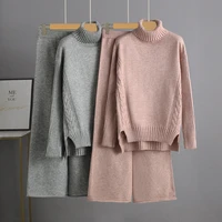 winter thick women suits two piece set loose turtleneck twist pullover sweaters and long knitted wide leg pants sets sportsuits