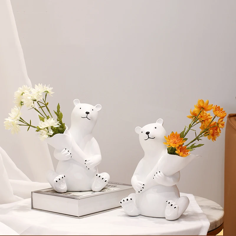 Modern Home Decor Artificial Flowers Living Room Desktop Artificial Decoration Bear Statue Vase Mother's Day Ornament Resin Gift