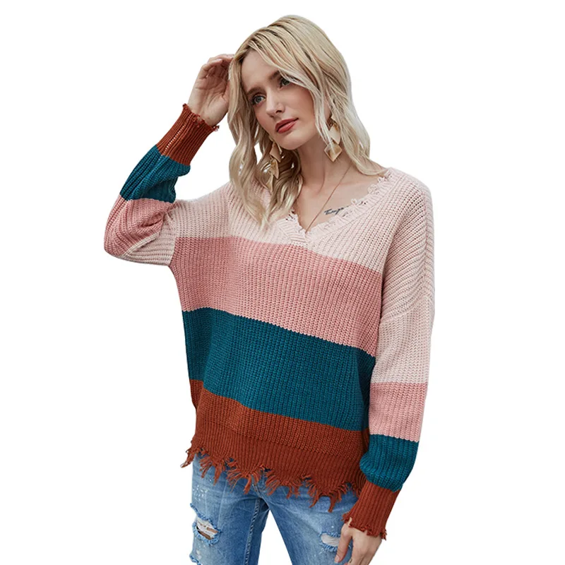 

New Women's Fashion V-neck Striped Stitching Sweater Long Sleeve Open Back Pullover Casual Autumn/winter Turtleneck Jumper Em*