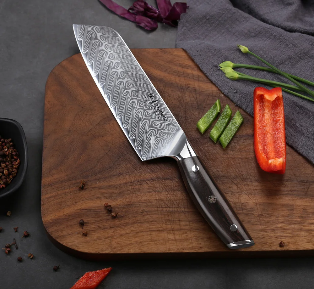 TURWHO 7 дюймов Santoku кухонные ножи 67 слоев дамасской стали шеф-повара нож дело с мясом овощи красный сандаловое дерево ручка