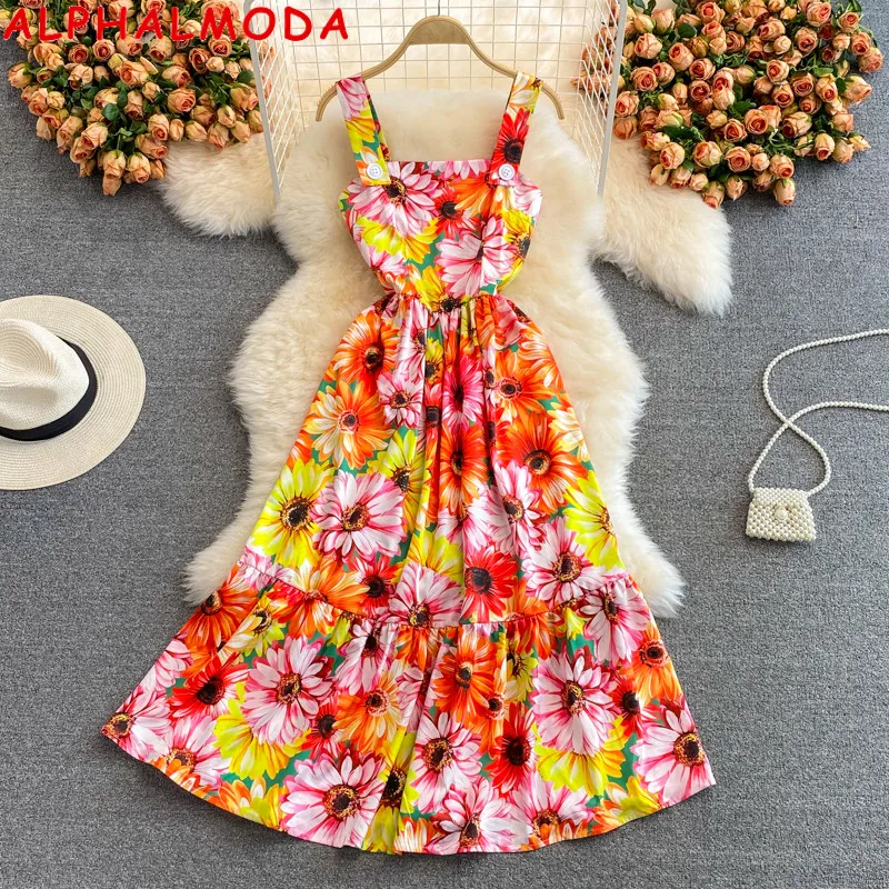 

ALPHALMODA 2021 New Beach Holiday Floral Dress Women High Waist Flounced A-line Dress Maxi Sundress Female Maxi Dress