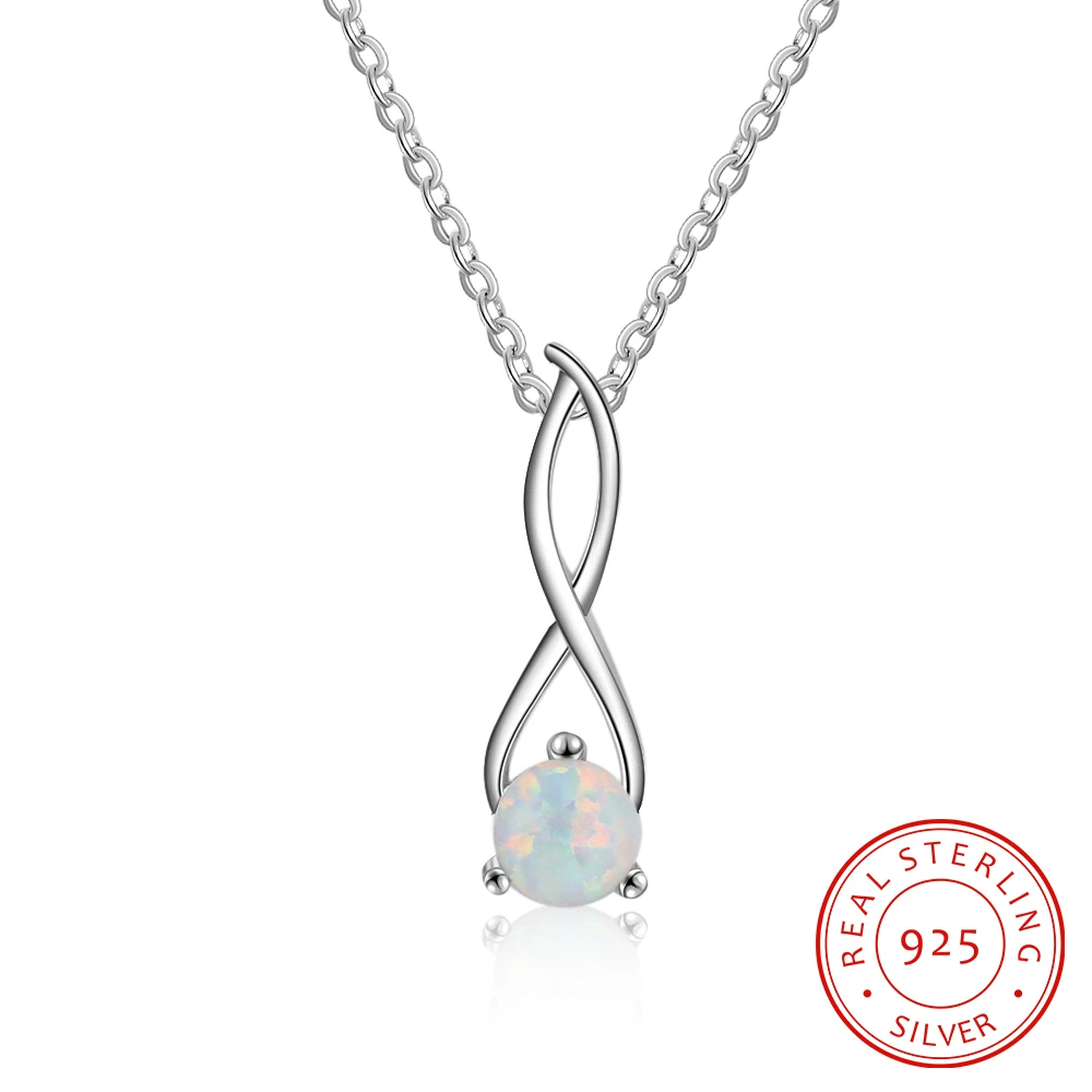 

Infinity Shape Round White Opal Necklace 925 Sterling Silver Pendant Necklaces for Women Chain Link Necklaces Female Silver 925