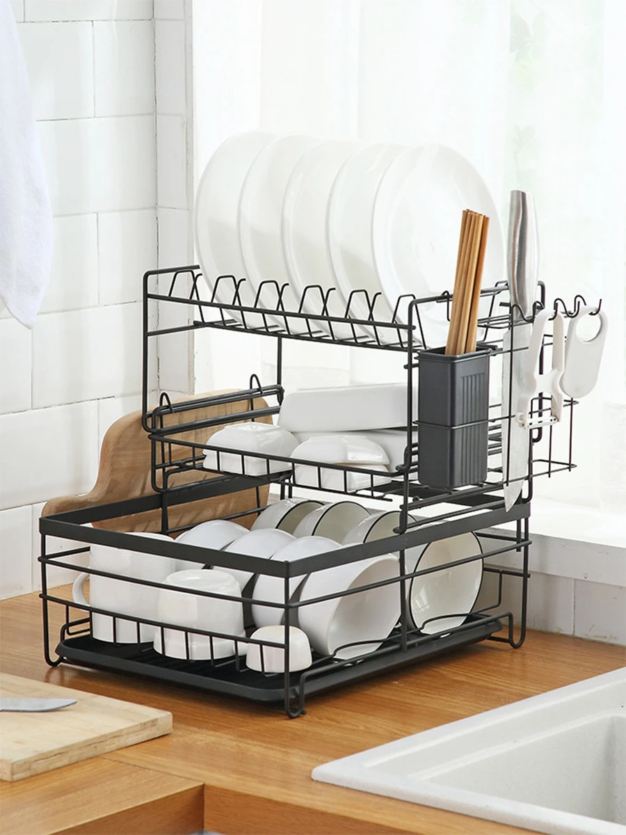 

Dish Drying Rack Carbon steel Kitchen Storage Rack with Removable Drain Board Dish Drainer Utensil Holder Countertop Organizer