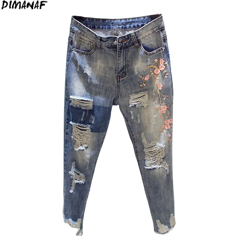 

DIMANAF Plus Size Women Jeans High Waist Harem Hole Ripped Floral Denim Female Embroidery Trousers Large Pants Oversize S-4XL
