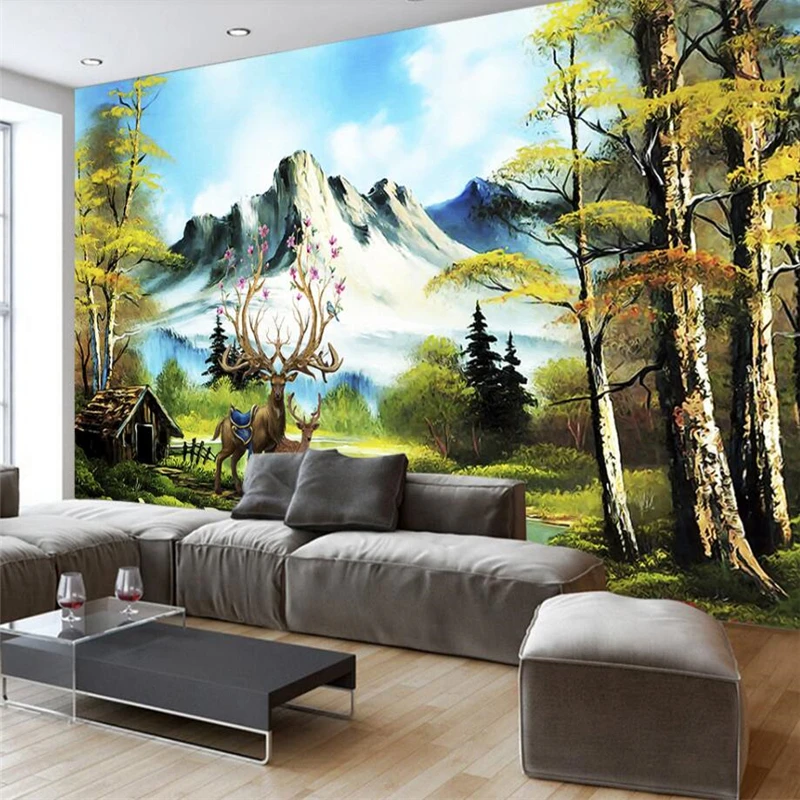 Customize European Landscape Mountain Elk Forest Oil Painting Wall Custom Large Mural Green Wallpaper papel de parede | Обустройство