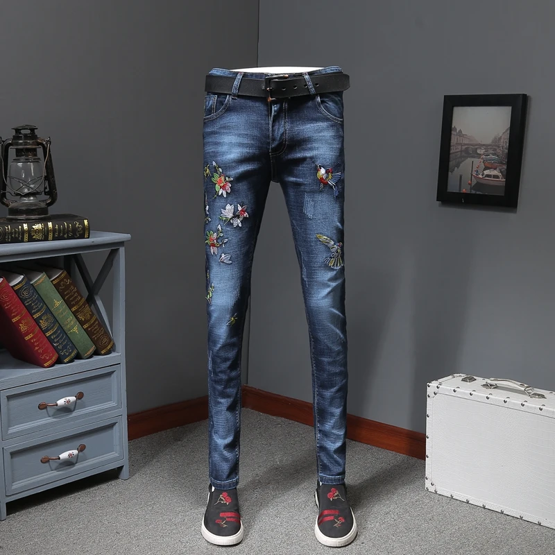 Джинсы-Джоггеры мужские Стрейчевые с вышивкой птиц модные облегающие хлопковые