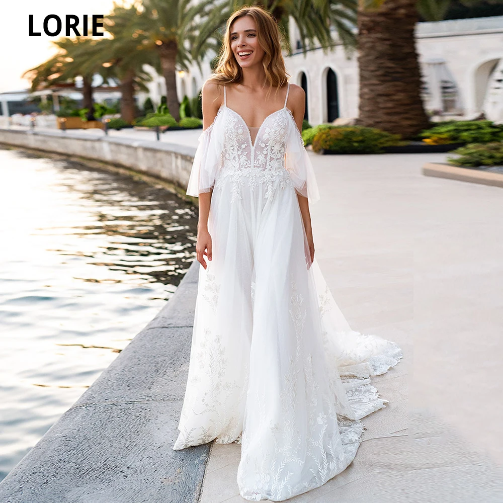 

Свадебные платья LORIE с V-образным вырезом, ТРАПЕЦИЕВИДНОЕ женское белое кружевное свадебное платье принцессы из тюля с аппликацией и открыт...