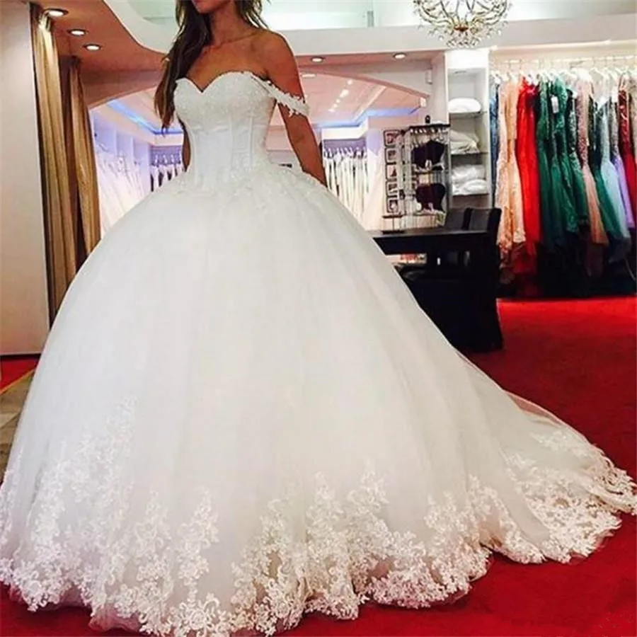 

Off Shoulder Tulle Appliques Lace Up Corset Sweetheart Bridal Gowns Church Country Style Ball Gown Puffy Wedding Dresses