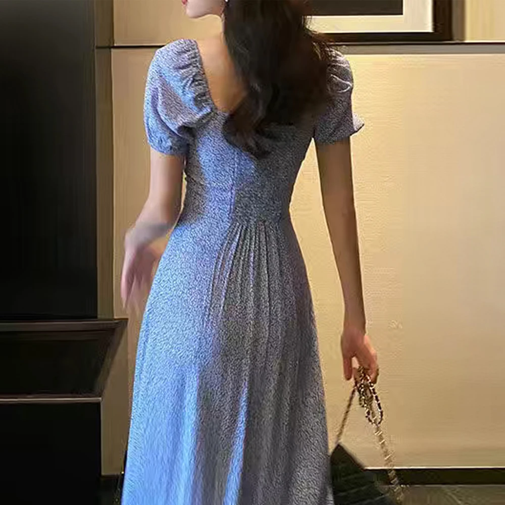 

2021 Women's Summer Party Dress Y2K Dress Puff Sleeve Floral Print Square Neck Slit Mid-length Dress Chiffon Sexy Elegant Female