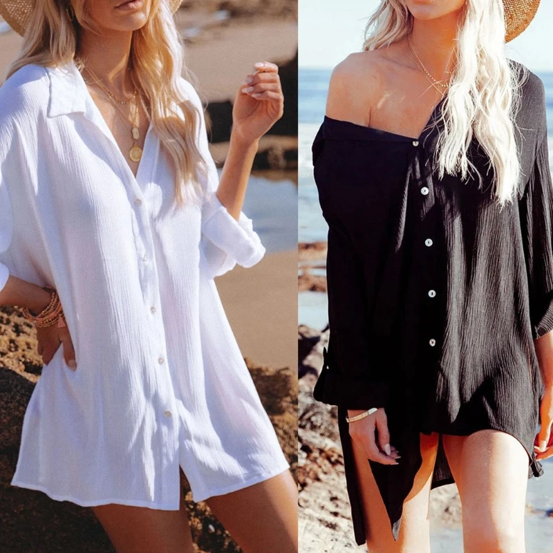 

Women Summer Long Sleeve Shirts Solid Color Beach Bikini Cover-Up Button Down Sexy Side Split Loose Blouse Tunic Tops